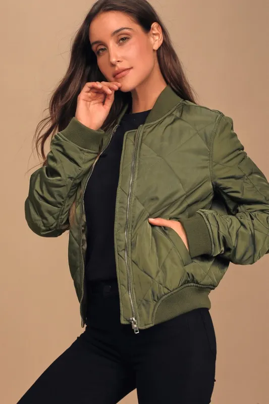 Style Expedition Olive Green Quilted Bomber Jacket sold by Lulus