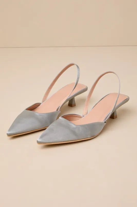 Marvana Light Grey Satin Pointed-Toe Slingback Pumps sold by Lulus