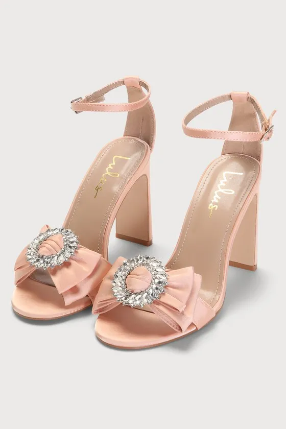 Genesisy Champagne Satin Rhinestone High Heel Sandals sold by Lulus