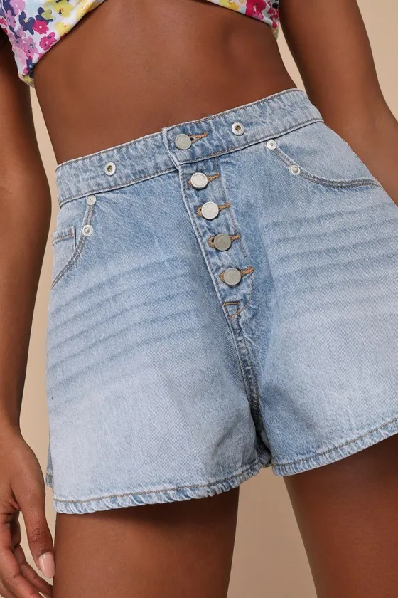 Head to Head Light Wash Denim Flare Button-Fly Shorts sold by Lulus