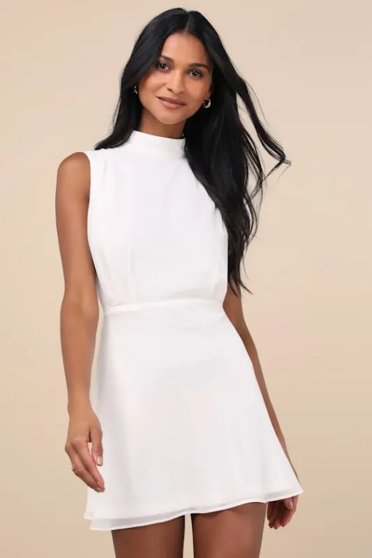 Classic Elegance White Chiffon Sleeveless Mock Neck Mini Dress sold by Lulus