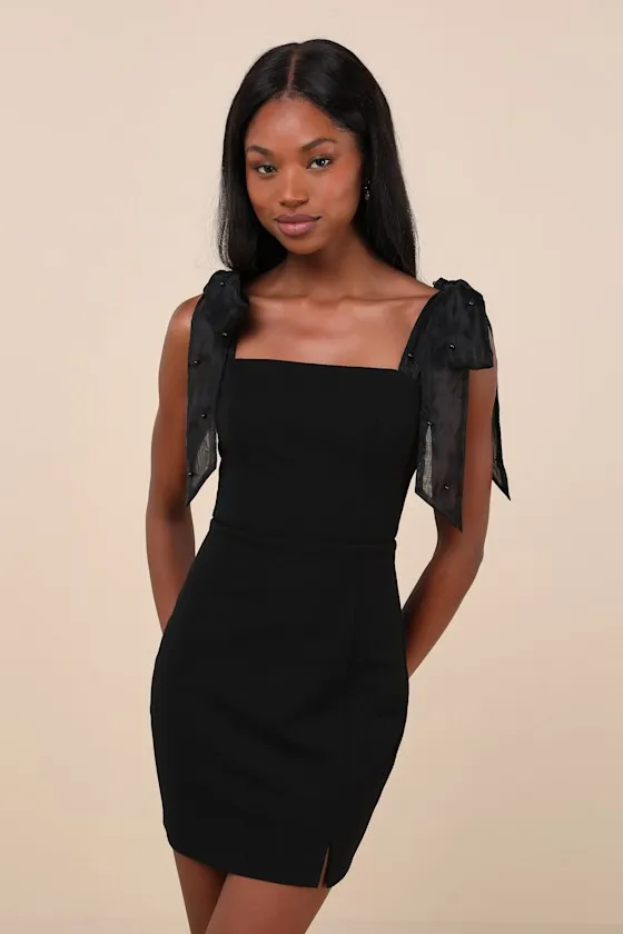 Beaming Perfection Black Beaded Organza Tie-Strap Mini Dress sold by Lulus