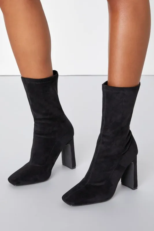 Dorri Black Suede Mid-Calf Sock Boots sold by Lulus