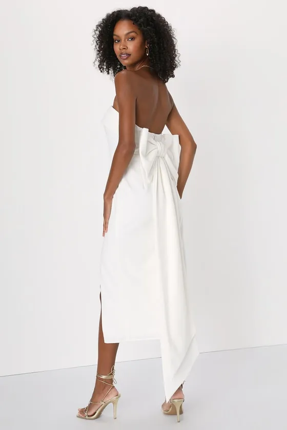 Fabulous Phenomenon White Strapless Bow Midi Dress sold by Lulus