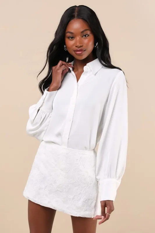 Nisya White Mesh Textured Floral Mid-Rise Mini Skirt sold by Lulus