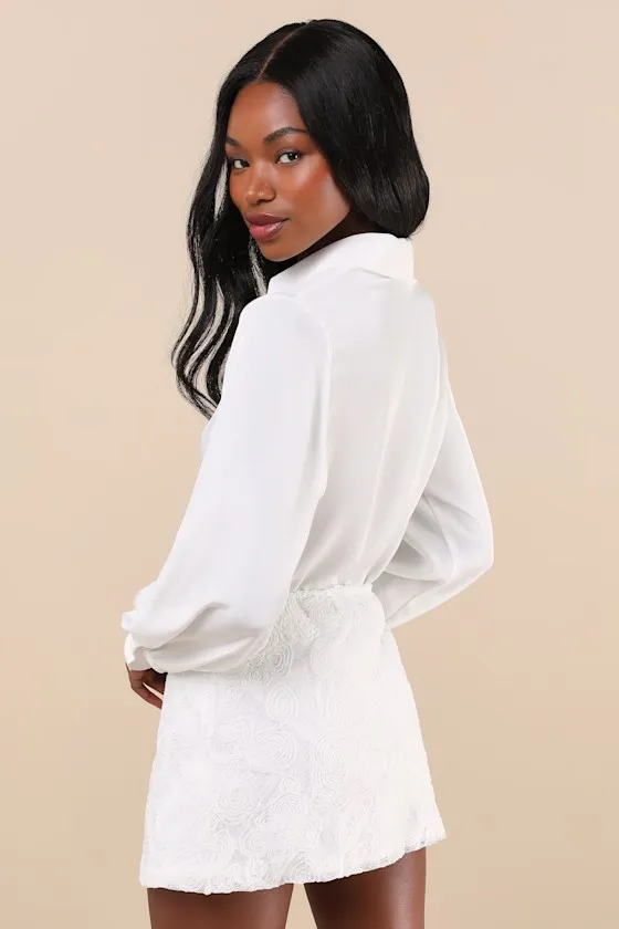 Nisya White Mesh Textured Floral Mid-Rise Mini Skirt sold by Lulus product image thumbnail 2