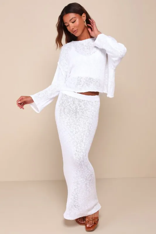 Inez White Loose Knit High-Rise Maxi Skirt sold by Lulus