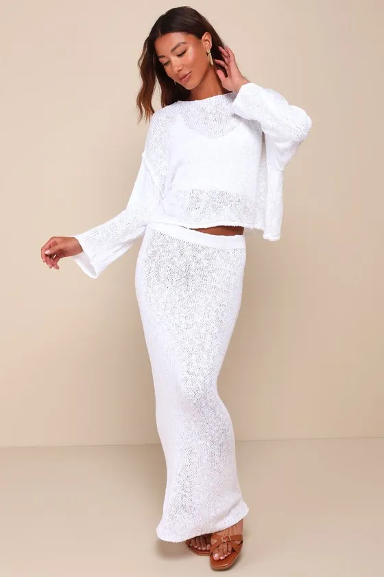 Inez White Loose Knit High-Rise Maxi Skirt sold by Lulus
