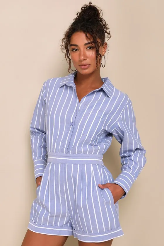 Charming Weekend Blue Striped Collared Long Sleeve Romper sold by Lulus