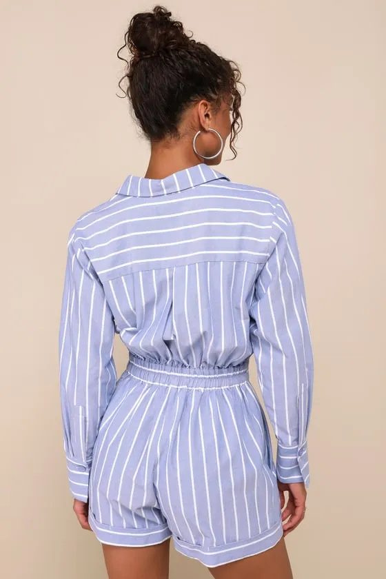 Charming Weekend Blue Striped Collared Long Sleeve Romper sold by Lulus product image thumbnail 2