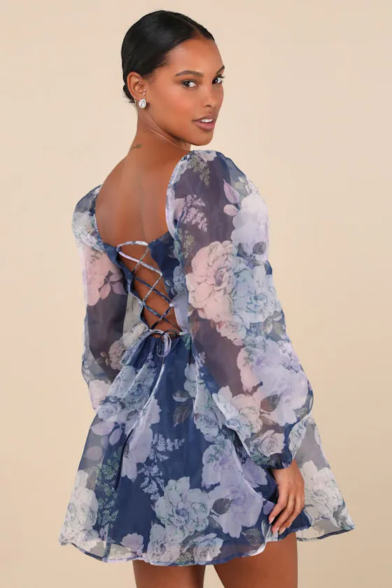 Positively Enchanting Blue Floral Organza Bustier Mini Dress sold by Lulus