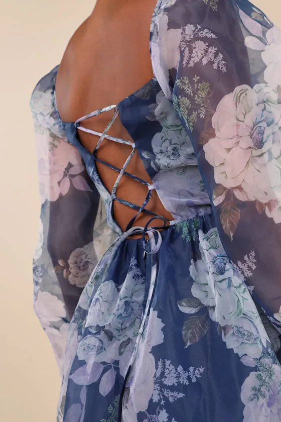 Positively Enchanting Blue Floral Organza Bustier Mini Dress sold by Lulus product image thumbnail 4