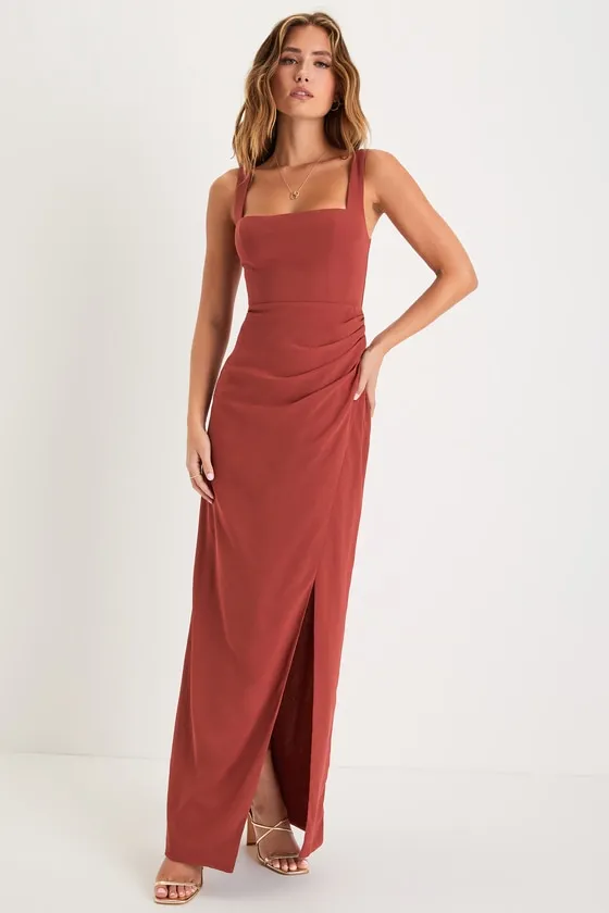 Glamorous Disposition Rust Ruched Maxi Dress sold by Lulus