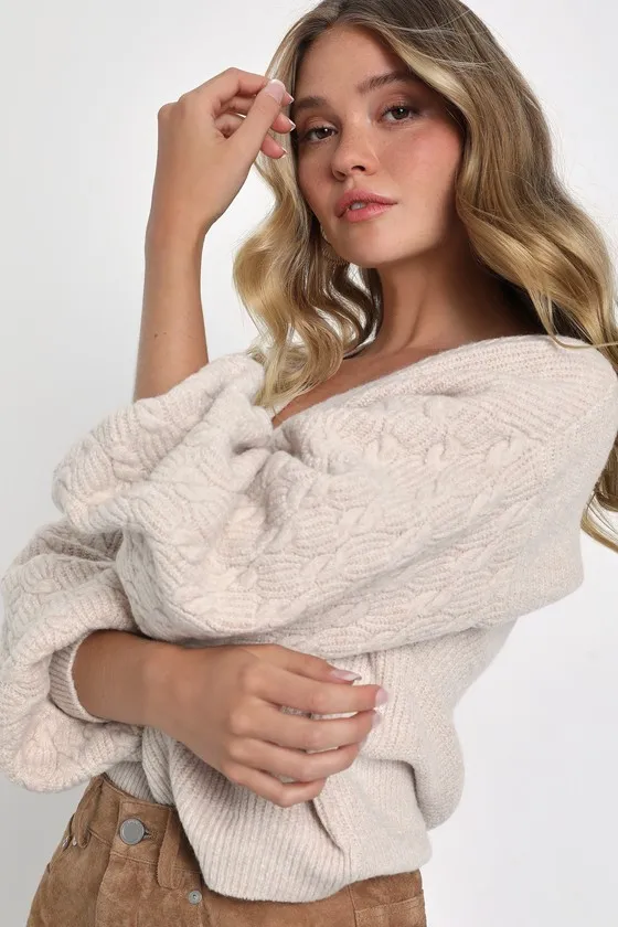 Slope Sweetie Heather Beige Cable Knit Balloon Sleeve Sweater sold by Lulus