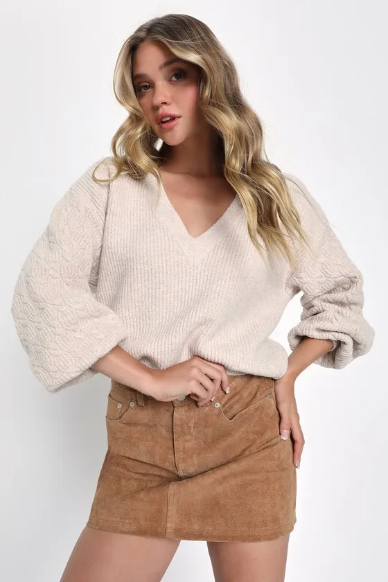 Slope Sweetie Heather Beige Cable Knit Balloon Sleeve Sweater sold by Lulus product image thumbnail 2