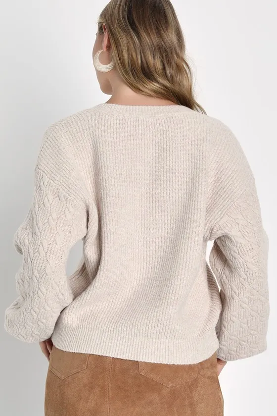 Slope Sweetie Heather Beige Cable Knit Balloon Sleeve Sweater sold by Lulus product image thumbnail 3