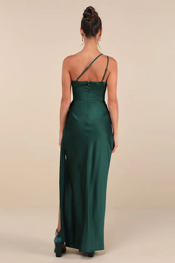 Signature Elegance Emerald Satin One-Shoulder Maxi Dress sold by Lulus product image thumbnail 3