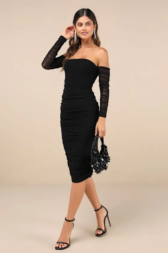 Desirable Date Black Mesh Ruched Off-the-Shoulder Midi Dress sold by Lulus product image thumbnail 2