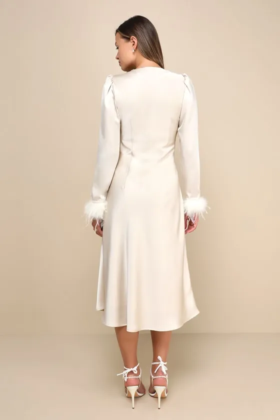 Precious Aura Champagne Satin Feather Long Sleeve Midi Dress sold by Lulus product image thumbnail 2