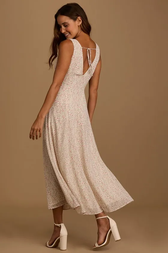 Your Only Darling Ivory Floral Print Sleeveless Midi Dress sold by Lulus
