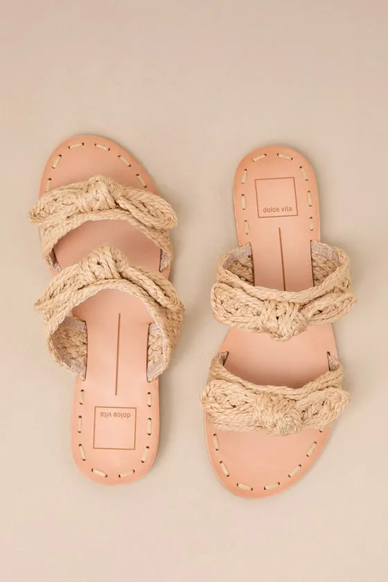 Dinah Light Natural Woven Raffia Bow Flat Slide Sandals sold by Lulus