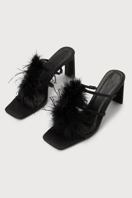 Kayden Black Satin Feather Slide-On High Heel Sandals sold by Lulus product image thumbnail 2