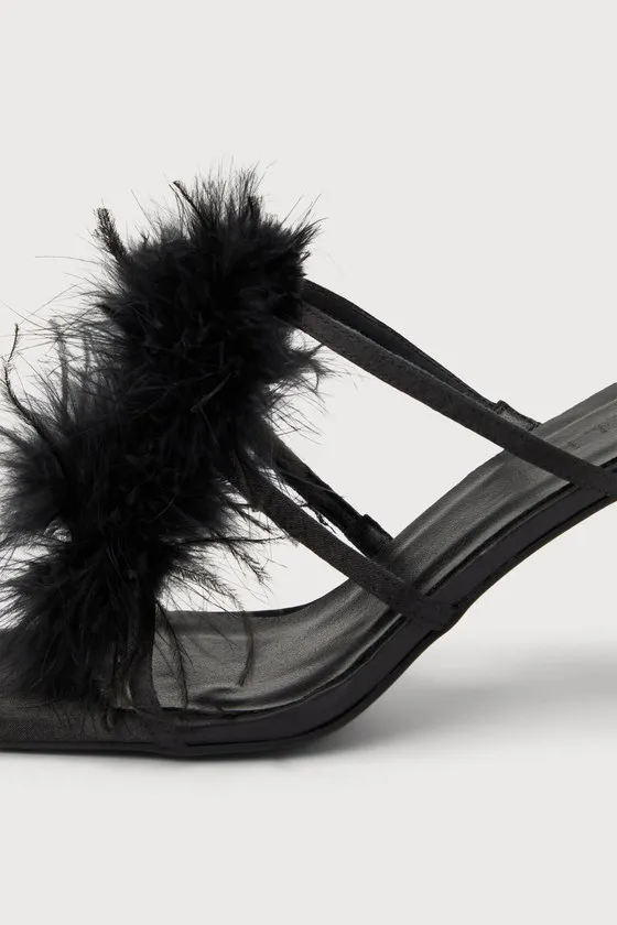 Kayden Black Satin Feather Slide-On High Heel Sandals sold by Lulus product image thumbnail 3