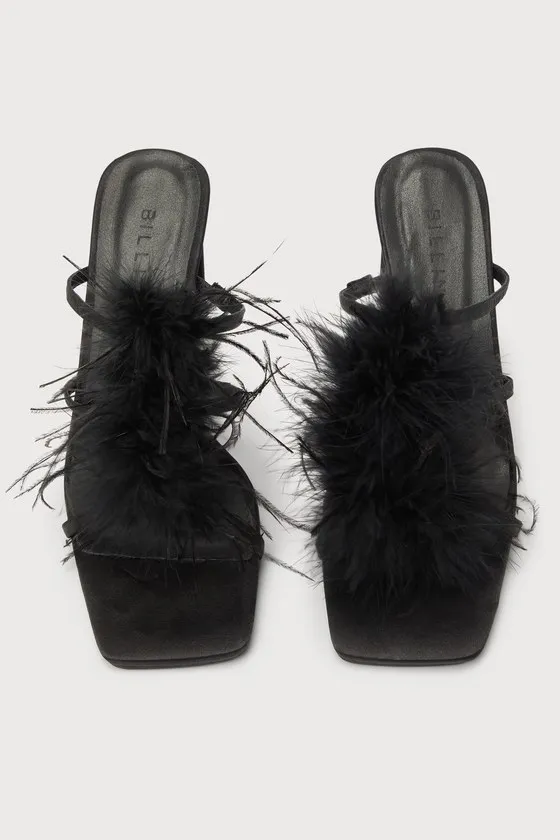 Kayden Black Satin Feather Slide-On High Heel Sandals sold by Lulus product image thumbnail 4