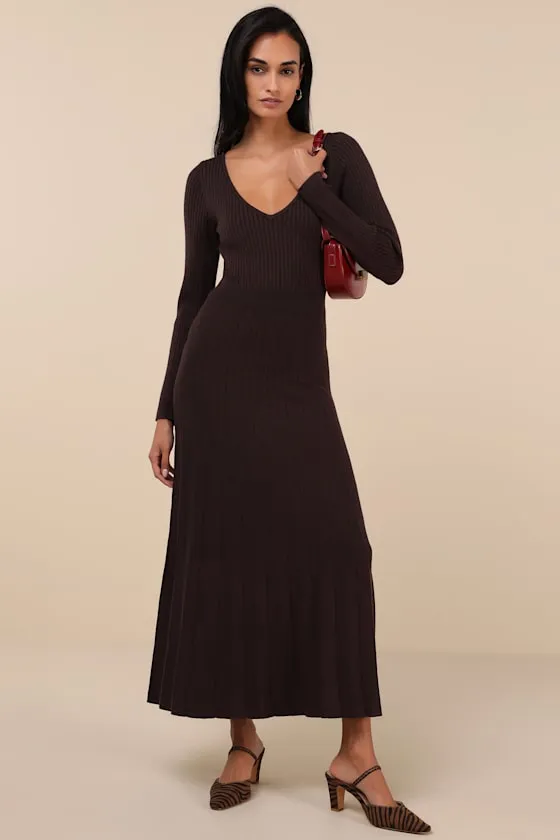 Snuggly Precision Brown Pleated Sweater Midi Dress sold by Lulus
