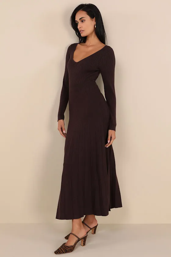 Snuggly Precision Brown Pleated Sweater Midi Dress sold by Lulus product image thumbnail 4