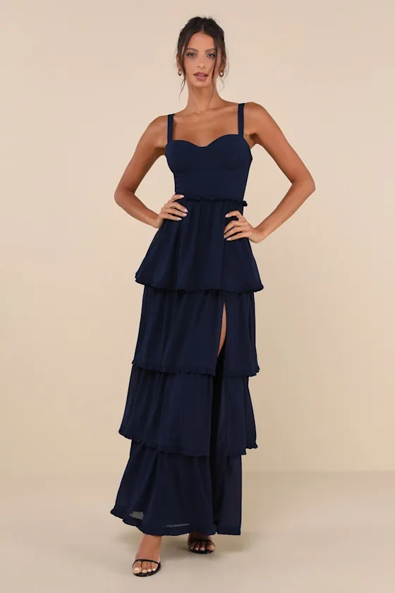 Sophisticated Occasion Navy Blue Bustier Lace-Up Maxi Dress sold by Lulus