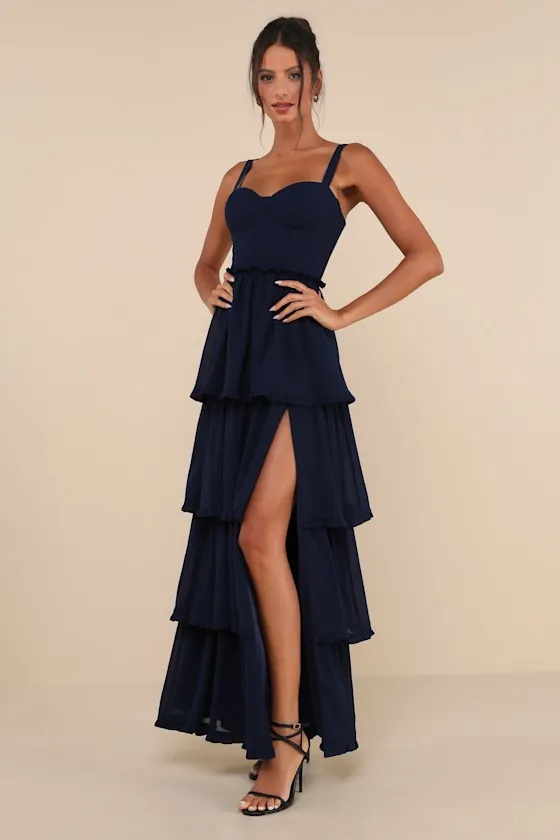 Sophisticated Occasion Navy Blue Bustier Lace-Up Maxi Dress sold by Lulus product image thumbnail 2