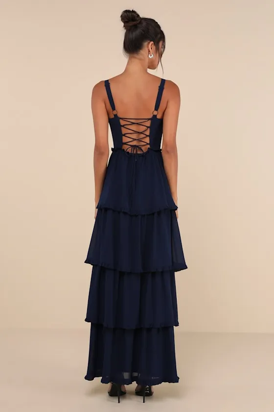 Sophisticated Occasion Navy Blue Bustier Lace-Up Maxi Dress sold by Lulus product image thumbnail 3