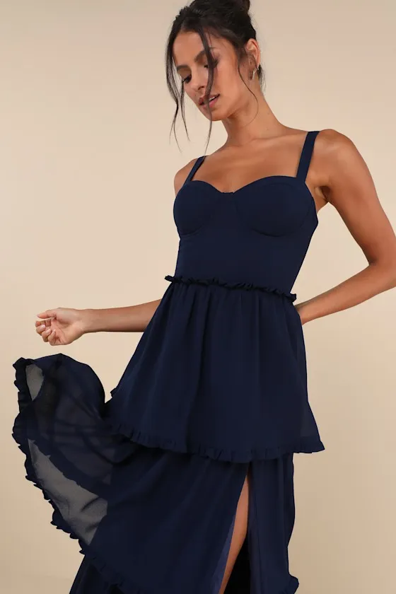 Sophisticated Occasion Navy Blue Bustier Lace-Up Maxi Dress sold by Lulus product image thumbnail 4
