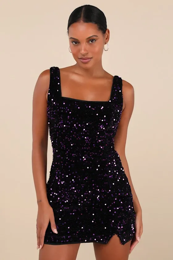 Seeing Sparkles Dark Purple Velvet Sequin Square Neck Mini Dress sold by Lulus