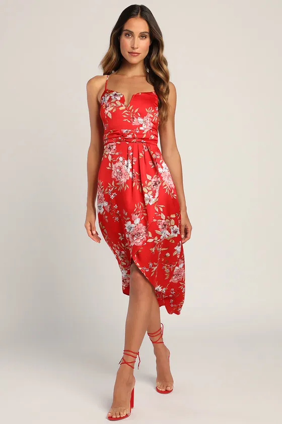 My Favorite Day Red Floral Print Tulip Skirt Midi Dress sold by Lulus