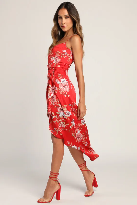 My Favorite Day Red Floral Print Tulip Skirt Midi Dress sold by Lulus product image thumbnail 3