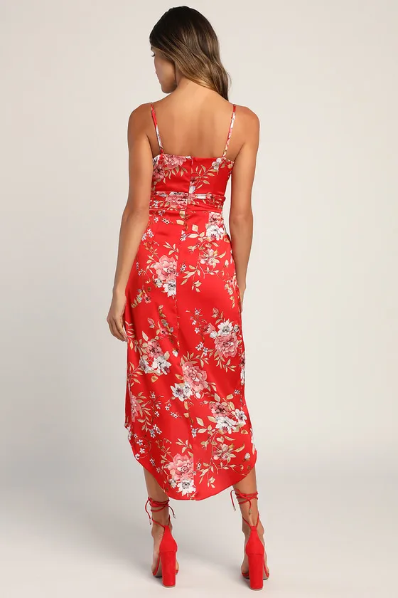 My Favorite Day Red Floral Print Tulip Skirt Midi Dress sold by Lulus product image thumbnail 4