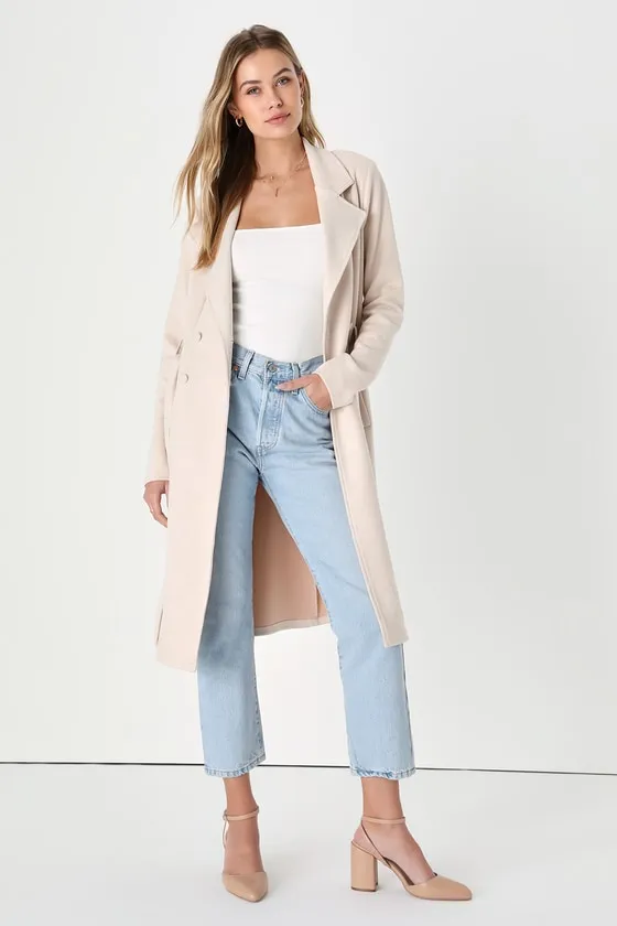 Chic Calling Beige Suede Trench Coat sold by Lulus