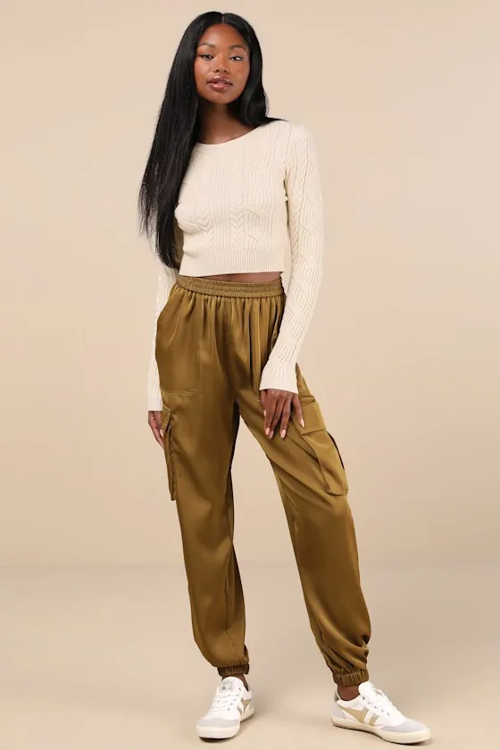 Chic Dedication Olive Green Satin High-Rise Cargo Jogger Pants sold by Lulus