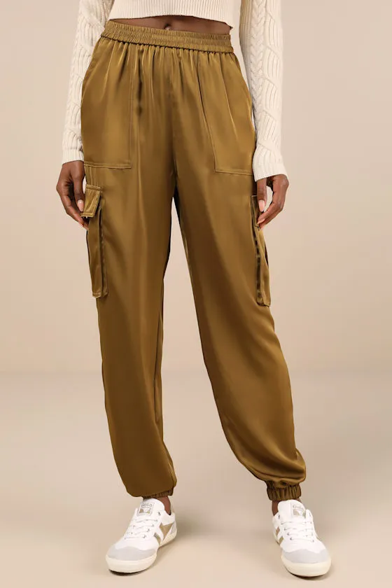 Chic Dedication Olive Green Satin High-Rise Cargo Jogger Pants sold by Lulus product image thumbnail 2