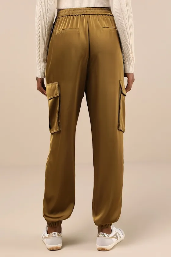 Chic Dedication Olive Green Satin High-Rise Cargo Jogger Pants sold by Lulus product image thumbnail 3