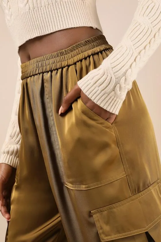 Chic Dedication Olive Green Satin High-Rise Cargo Jogger Pants sold by Lulus product image thumbnail 4