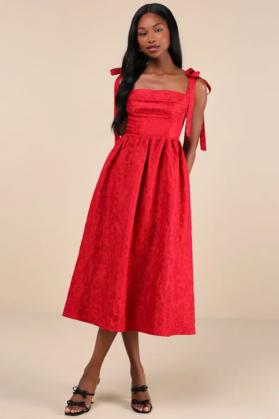 Successfully Chic Red Jacquard Pleated Tie-Strap Midi Dress sold by Lulus