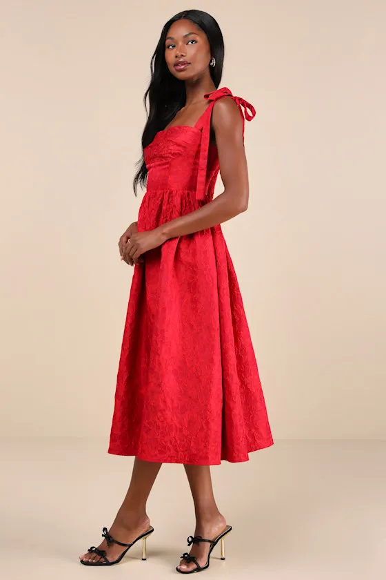 Successfully Chic Red Jacquard Pleated Tie-Strap Midi Dress sold by Lulus product image thumbnail 2