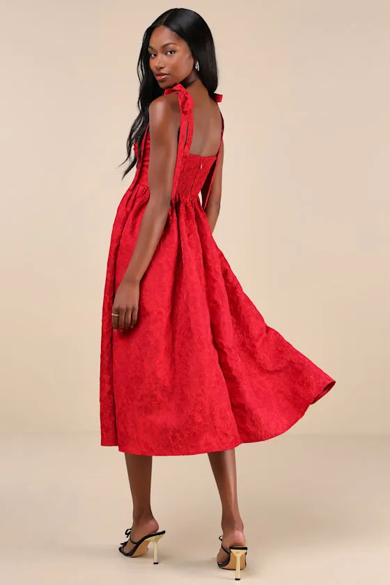 Successfully Chic Red Jacquard Pleated Tie-Strap Midi Dress sold by Lulus product image thumbnail 3