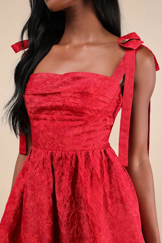 Successfully Chic Red Jacquard Pleated Tie-Strap Midi Dress sold by Lulus product image thumbnail 4