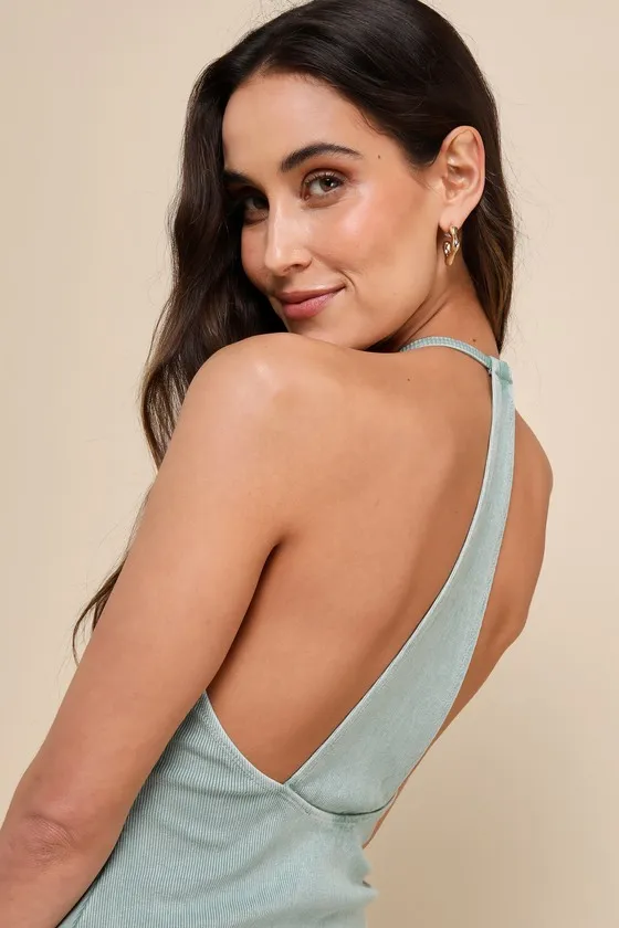 Sunny Admiration Washed Sage Green Ribbed Sleeveless Midi Dress sold by Lulus product image thumbnail 4