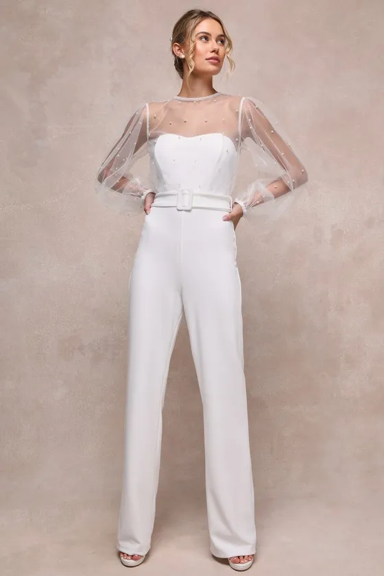 Lavish Darling White Mesh Pearl Belted Wide-Leg Jumpsuit sold by Lulus