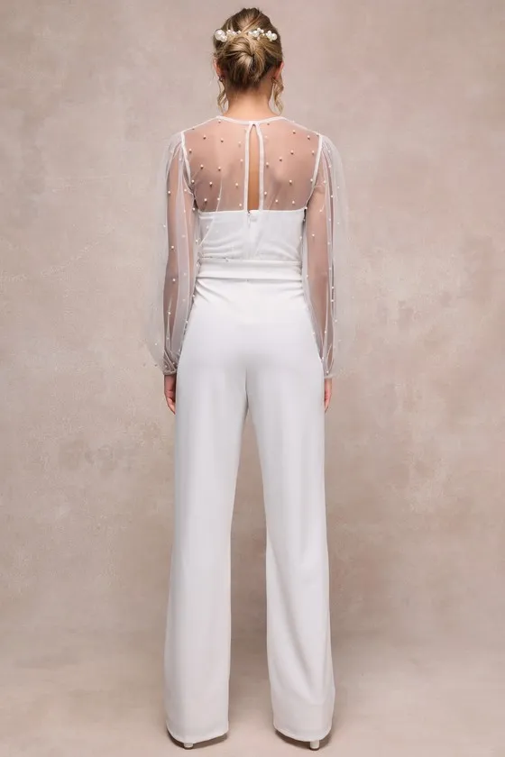 Lavish Darling White Mesh Pearl Belted Wide-Leg Jumpsuit sold by Lulus product image thumbnail 2